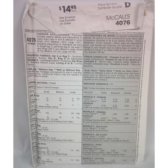 McCalls Fashion Accessories 4076 Hats Hip Wrap and Bag Pattern Uncut - Picture 3 of 3